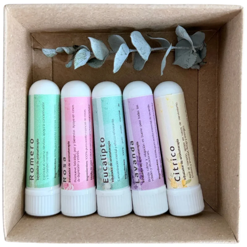 Kit de inhaladores aromáticos artesanales en caja kraft