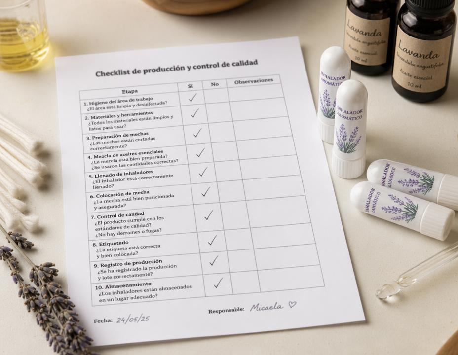 Checklist de producción impresa junto a inhaladores terminados