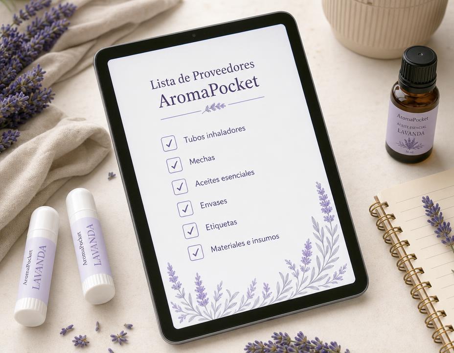Tablet mostrando la lista de proveedores AromaPocket con las categorías de materiales