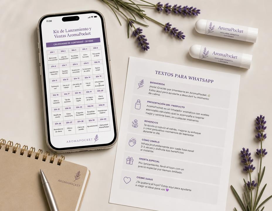 Teléfono con el calendario de 30 días de contenido y una hoja con textos para WhatsApp
