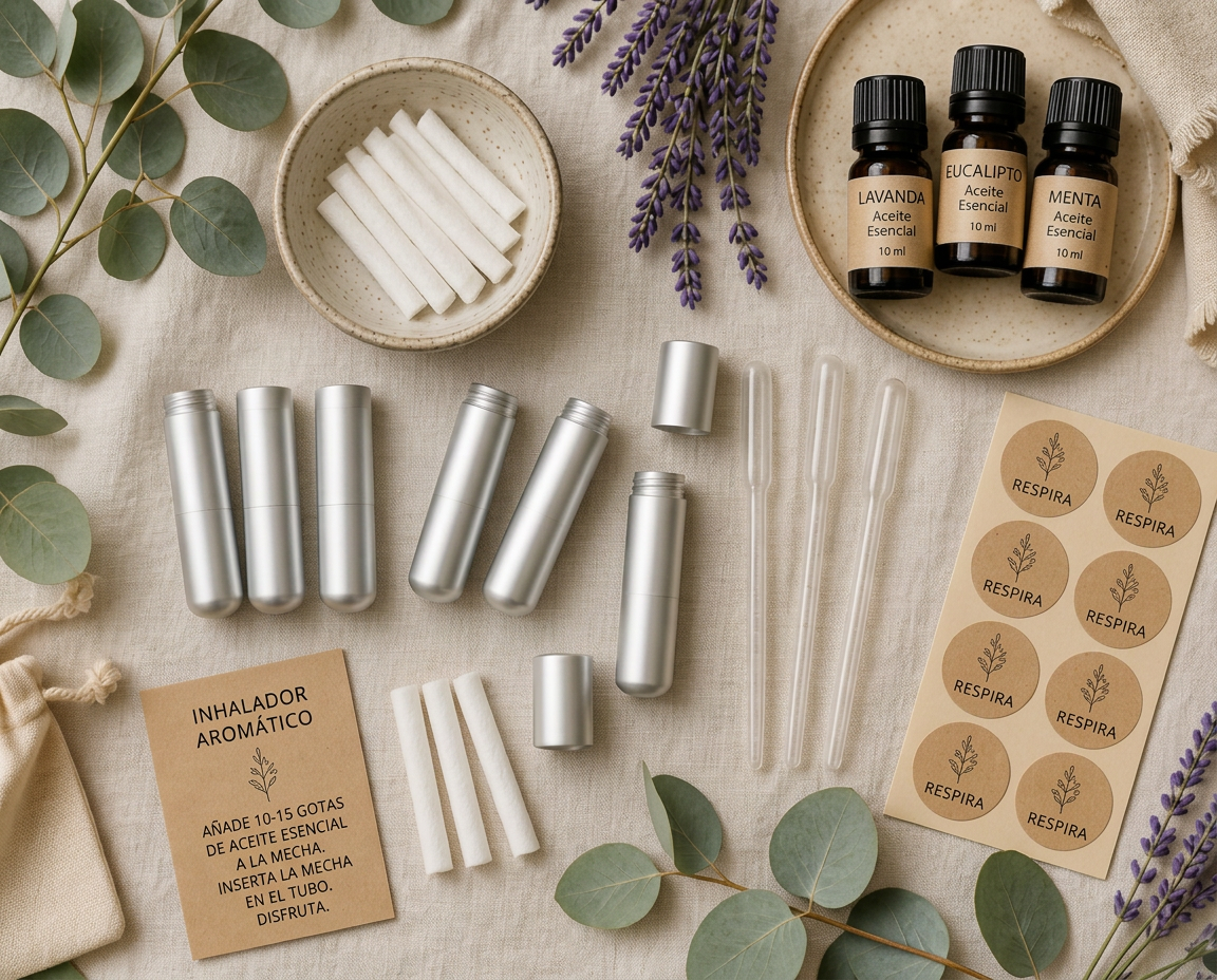 Materiales para fabricar inhaladores aromáticos: tubos, mechas, pipetas y etiquetas