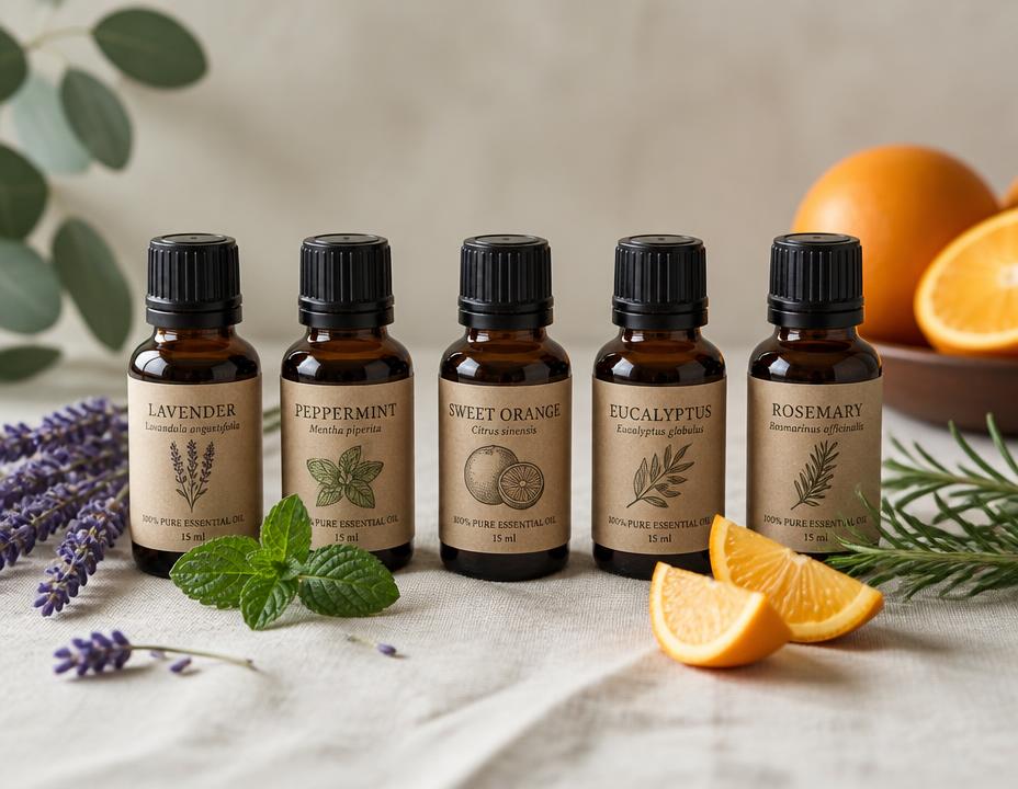 Colección de frascos de aceites esenciales con botánicos