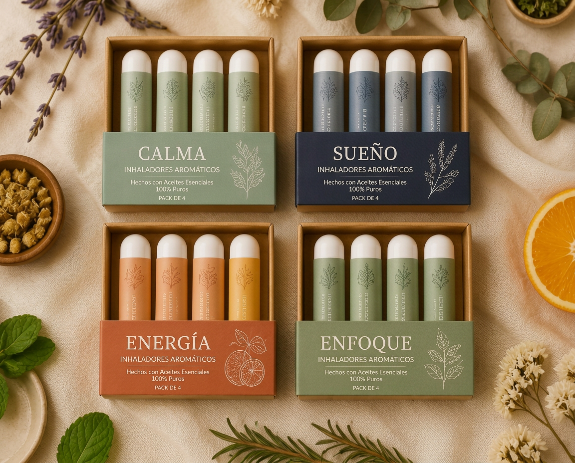 Cuatro colecciones de inhaladores aromáticos en cajas kraft